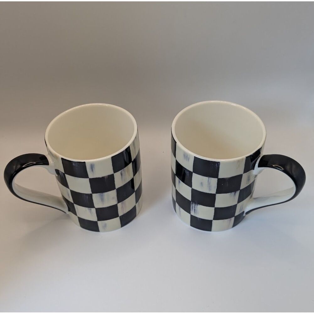 MacKenzie-Childs Courtly Check Porcelain Mugs Set of 2 Black White NIB 12 Oz